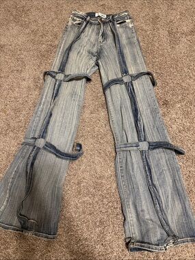 Fashion Nova Light Blue Ring-Strap Wide Leg Jeans